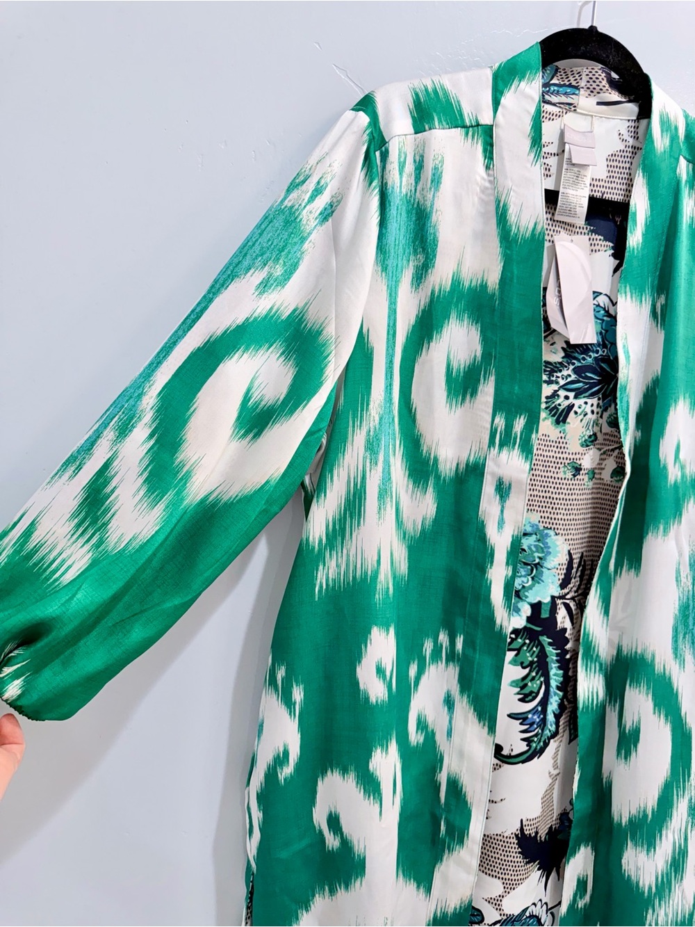 Chico's Reversible Duster Jacket Tropic Emerald Ikat Floral Satin Size 3 16 NWT - Picture 6 of 16